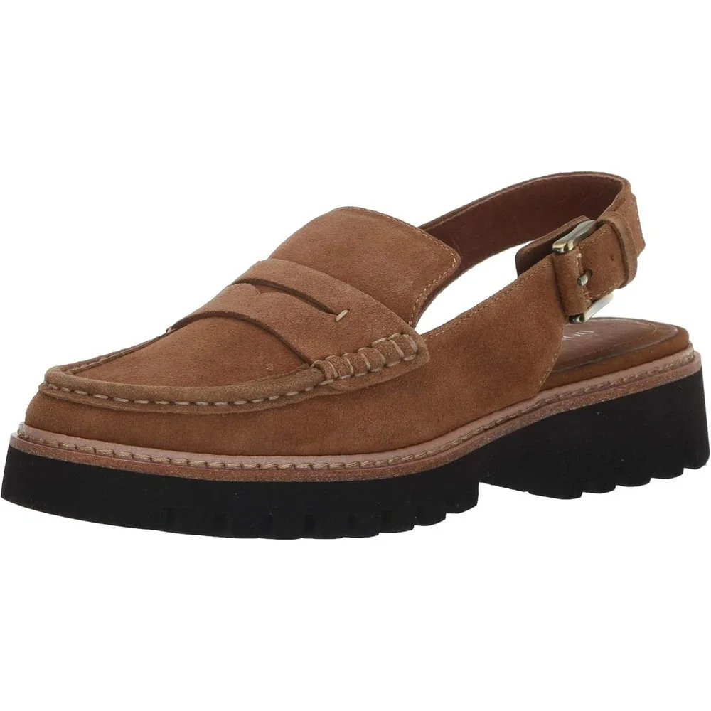 Donald Pliner Halie Womens 6M Saddle Brown Suede Slingback Lug Penny Loafers - Picture 1 of 10